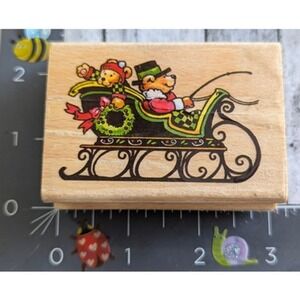 StampCraft Bears Sleigh Christmas Wreathe Rubber Stamp Wood #F10